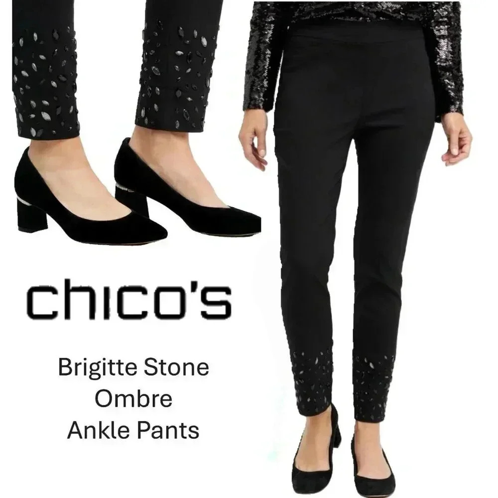 Chico's So Slimming Black Slim Pant w/Cascading Stones / Size 3R - US Size 16R